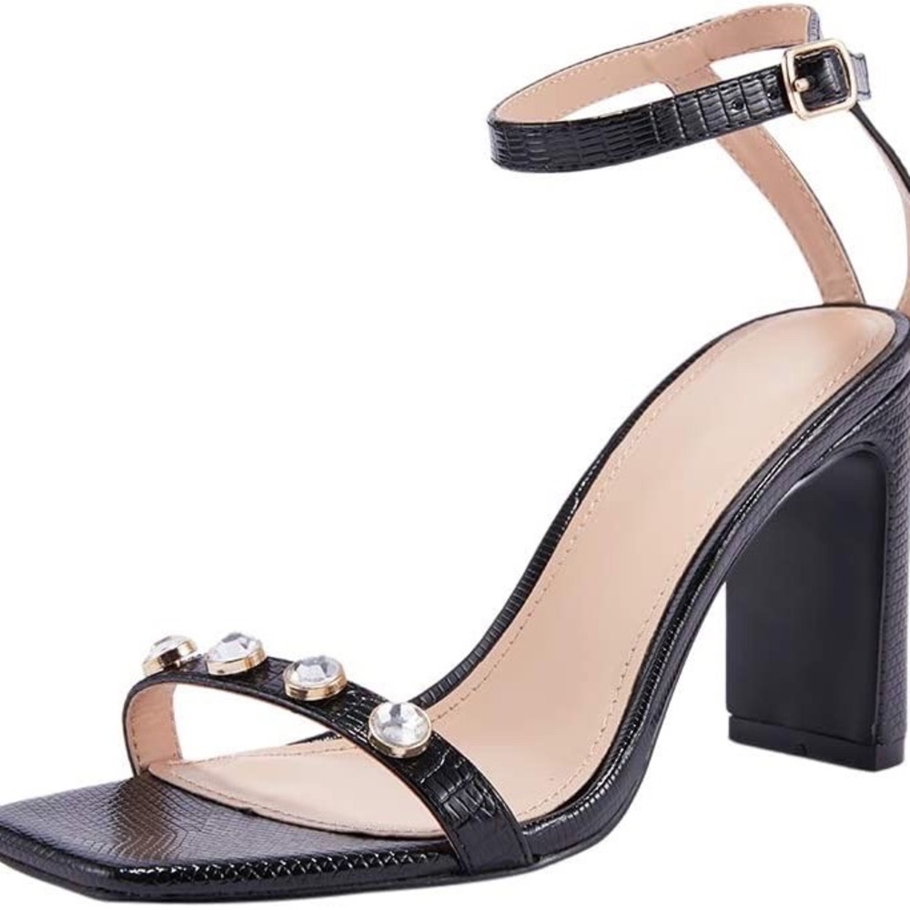 Vetaste Black Crystal stud ankle strap heel sandals 7